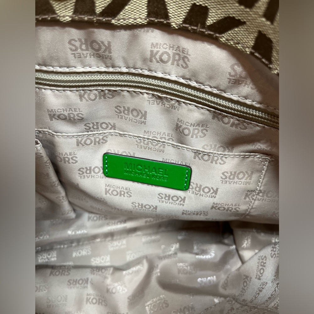 Michael Michael Kors Monogram Canvas Tote Emerald Green Chain and Leather Straps - Picture 9 of 13